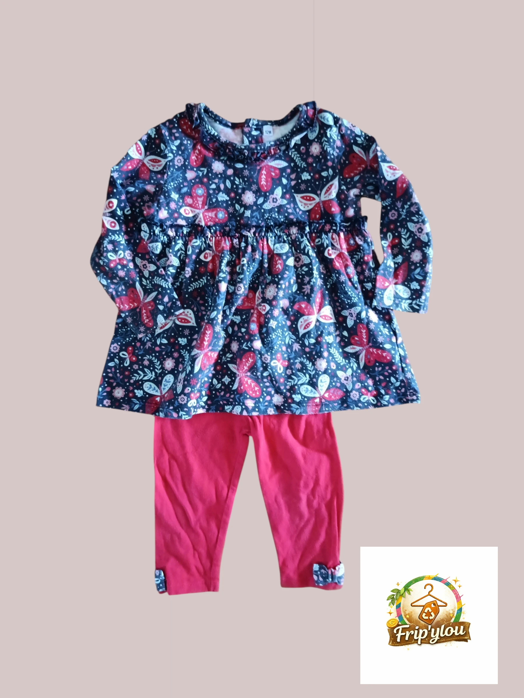 Ensemble bébé fille 12 mois robe papillons + legging rouge A1756
